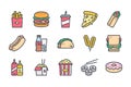 Fast food related color line icon set.